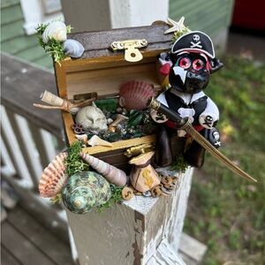 Pirate Treasure Chest with Black and White Pirate Cow Figurine